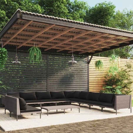 vidaXL 12-tlg. Garten-Lounge-Set mit Auflagen Poly Rattan Dunkelgrau