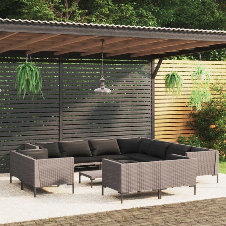 vidaXL 12-tlg. Garten-Lounge-Set mit Auflagen Poly Rattan Dunkelgrau