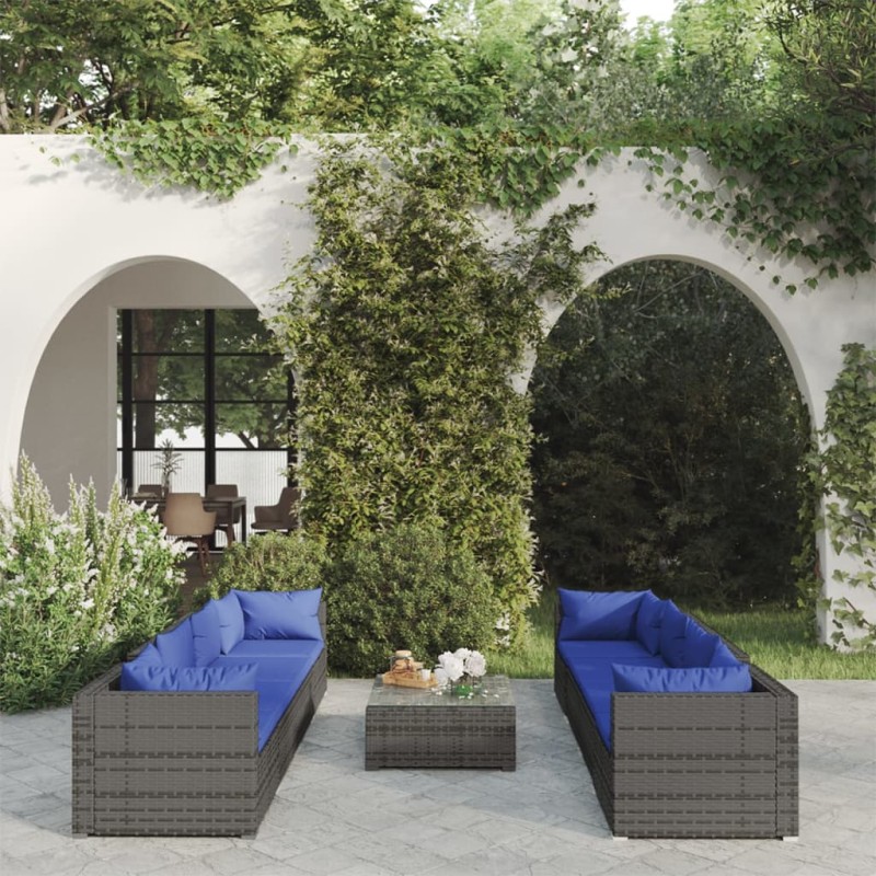 vidaXL 9-tlg. Garten-Lounge-Set mit Kissen Poly Rattan Grau vidaXL 9-tlg. Garten-Lounge-Set mit Kissen Poly Rattan Grau