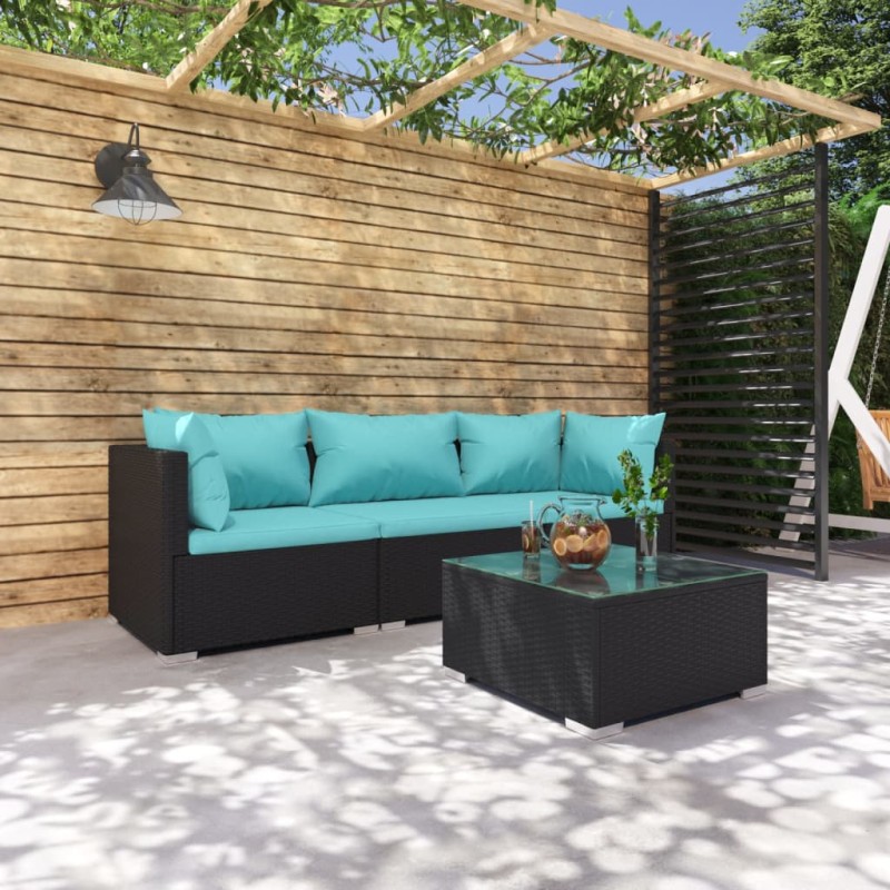 vidaXL 4-tlg. Garten-Lounge-Set mit Auflagen Poly Rattan Schwarz vidaXL 4-tlg. Garten-Lounge-Set mit Auflagen Poly Rattan Schwarz