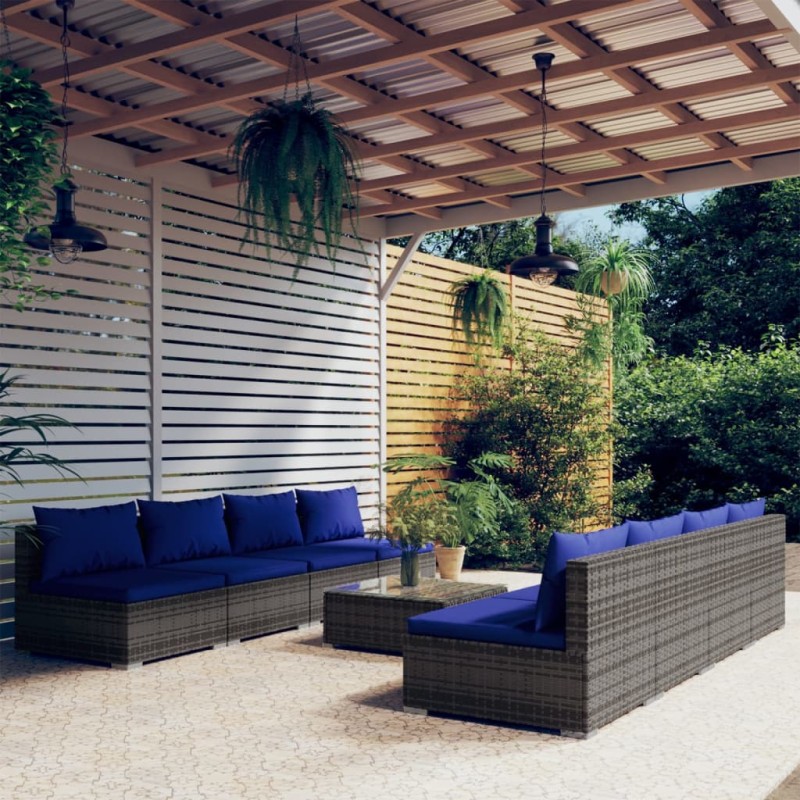 vidaXL 9-tlg. Garten-Lounge-Set mit Kissen Poly Rattan Grau vidaXL 9-tlg. Garten-Lounge-Set mit Kissen Poly Rattan Grau