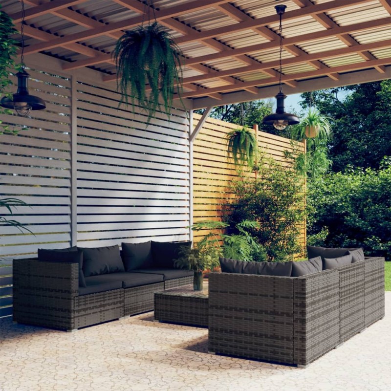 vidaXL 7-tlg. Garten-Lounge-Set mit Kissen Poly Rattan Grau vidaXL 7-tlg. Garten-Lounge-Set mit Kissen Poly Rattan Grau