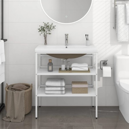 vidaXL Badezimmer-Waschtischgestell mit Waschbecken Weiß Eisen