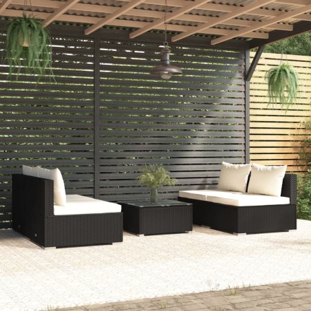 vidaXL 5-tlg. Garten-Lounge-Set mit Kissen Poly Rattan Schwarz