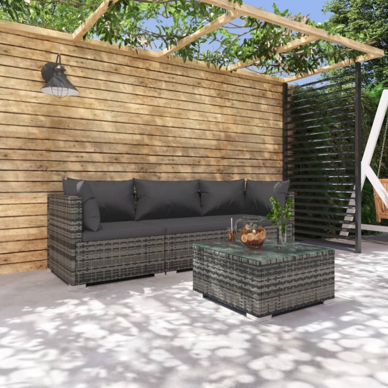 vidaXL 4-tlg. Garten-Lounge-Set mit Kissen Poly Rattan Grau vidaXL 4-tlg. Garten-Lounge-Set mit Kissen Poly Rattan Grau