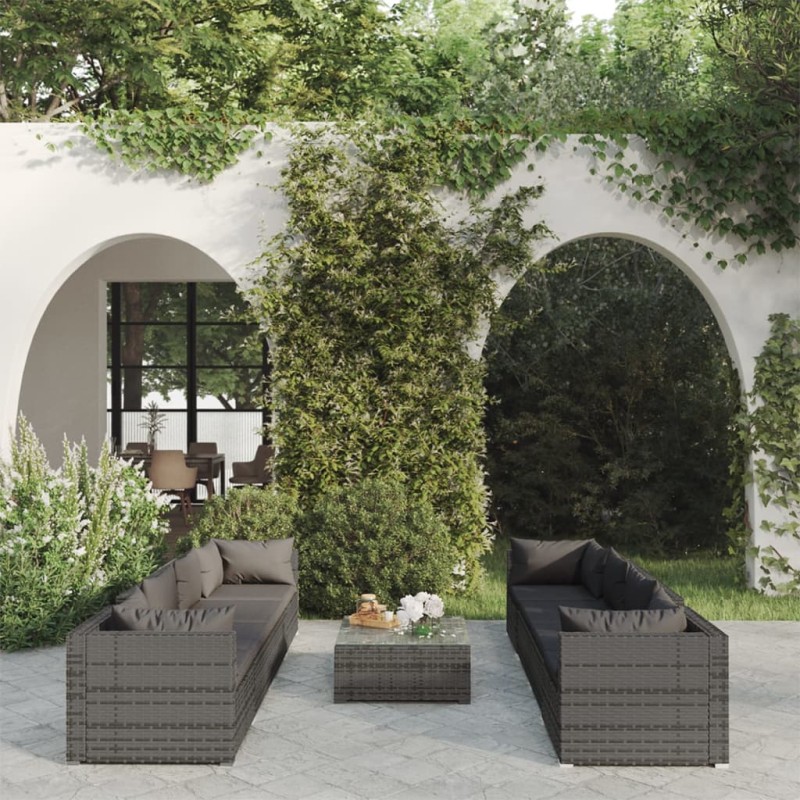 vidaXL 9-tlg. Garten-Lounge-Set mit Auflagen Poly Rattan Grau vidaXL 9-tlg. Garten-Lounge-Set mit Auflagen Poly Rattan Grau