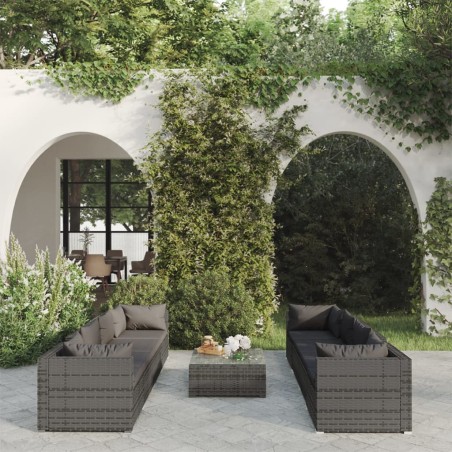 vidaXL 9-tlg. Garten-Lounge-Set mit Auflagen Poly Rattan Grau