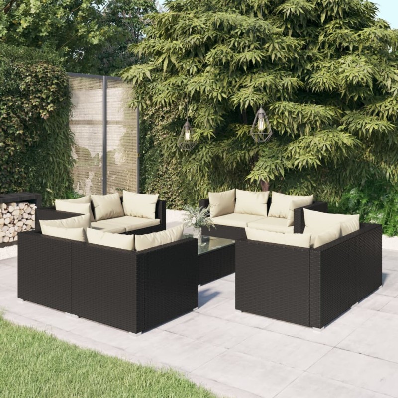 vidaXL 9-tlg. Garten-Lounge-Set mit Kissen Poly Rattan Schwarz vidaXL 9-tlg. Garten-Lounge-Set mit Kissen Poly Rattan Schwarz