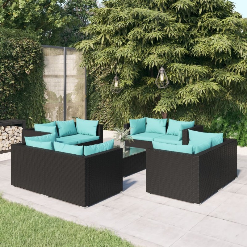 vidaXL 9-tlg. Garten-Lounge-Set mit Kissen Poly Rattan Schwarz vidaXL 9-tlg. Garten-Lounge-Set mit Kissen Poly Rattan Schwarz