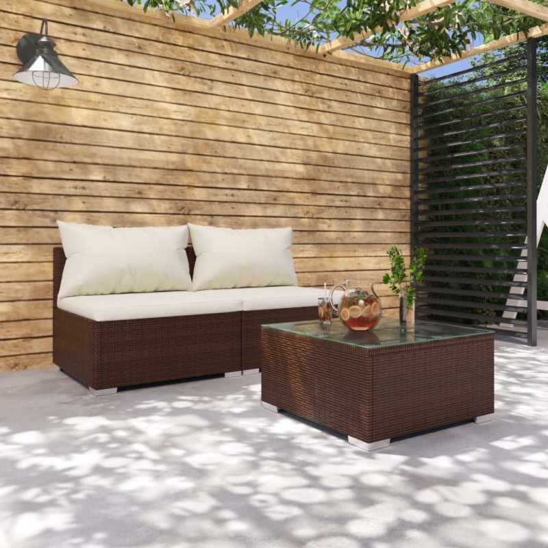 vidaXL 3-tlg. Garten-Lounge-Set mit Kissen Poly Rattan Braun vidaXL 3-tlg. Garten-Lounge-Set mit Kissen Poly Rattan Braun