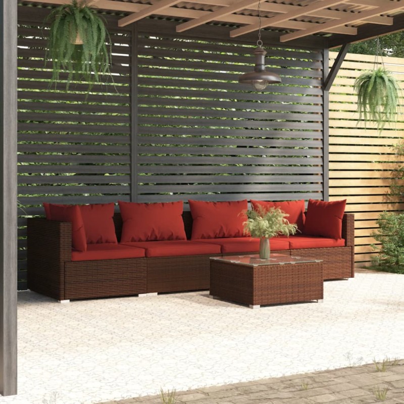 vidaXL 5-tlg. Garten-Lounge-Set mit Kissen Poly Rattan Braun vidaXL 5-tlg. Garten-Lounge-Set mit Kissen Poly Rattan Braun