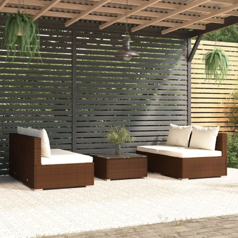 vidaXL 5-tlg. Garten-Lounge-Set mit Kissen Poly Rattan Braun vidaXL 5-tlg. Garten-Lounge-Set mit Kissen Poly Rattan Braun