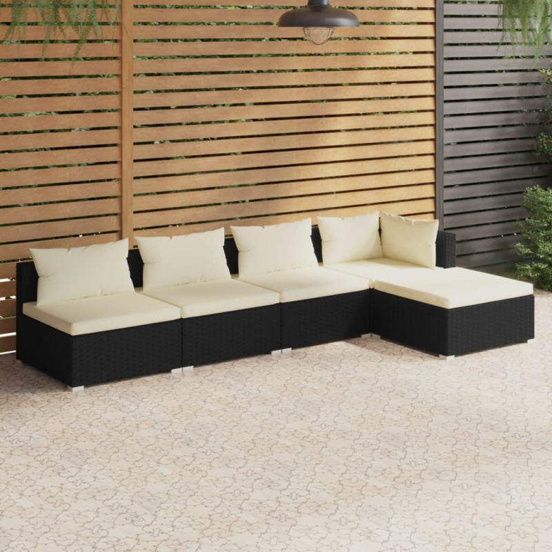 vidaXL 5-tlg. Garten-Lounge-Set mit Kissen Poly Rattan Schwarz vidaXL 5-tlg. Garten-Lounge-Set mit Kissen Poly Rattan Schwarz