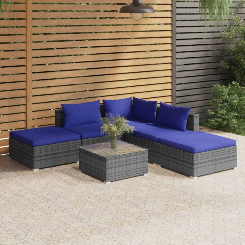 vidaXL 6-tlg. Garten-Lounge-Set mit Kissen Poly Rattan Grau vidaXL 6-tlg. Garten-Lounge-Set mit Kissen Poly Rattan Grau