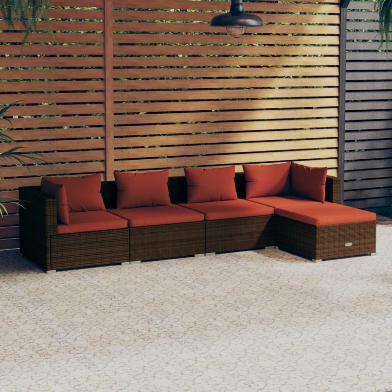 vidaXL 5-tlg. Garten-Lounge-Set mit Kissen Poly Rattan Braun vidaXL 5-tlg. Garten-Lounge-Set mit Kissen Poly Rattan Braun