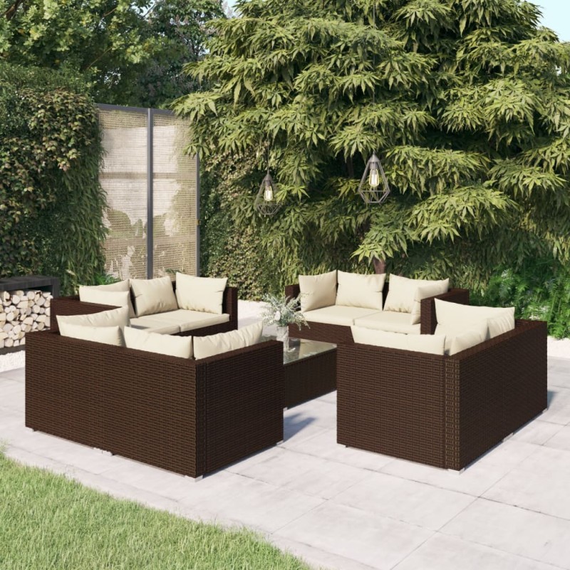 vidaXL 9-tlg. Garten-Lounge-Set mit Kissen Poly Rattan Braun vidaXL 9-tlg. Garten-Lounge-Set mit Kissen Poly Rattan Braun