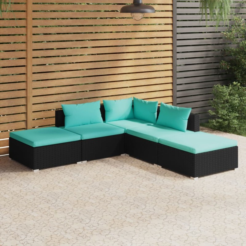 vidaXL 5-tlg. Garten-Lounge-Set mit Kissen Poly Rattan Schwarz vidaXL 5-tlg. Garten-Lounge-Set mit Kissen Poly Rattan Schwarz