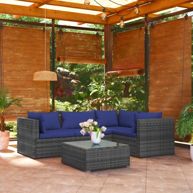 vidaXL 5-tlg. Garten-Lounge-Set mit Kissen Poly Rattan Grau vidaXL 5-tlg. Garten-Lounge-Set mit Kissen Poly Rattan Grau