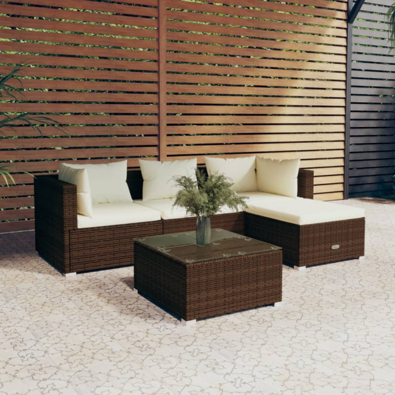 vidaXL 5-tlg. Garten-Lounge-Set mit Kissen Poly Rattan Braun vidaXL 5-tlg. Garten-Lounge-Set mit Kissen Poly Rattan Braun