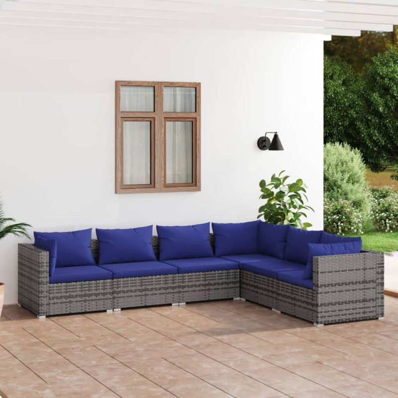 vidaXL 6-tlg. Garten-Lounge-Set mit Kissen Poly Rattan Grau vidaXL 6-tlg. Garten-Lounge-Set mit Kissen Poly Rattan Grau