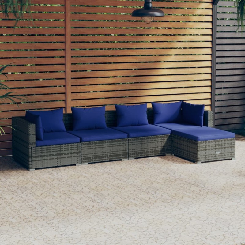 vidaXL 5-tlg. Garten-Lounge-Set mit Kissen Poly Rattan Grau vidaXL 5-tlg. Garten-Lounge-Set mit Kissen Poly Rattan Grau