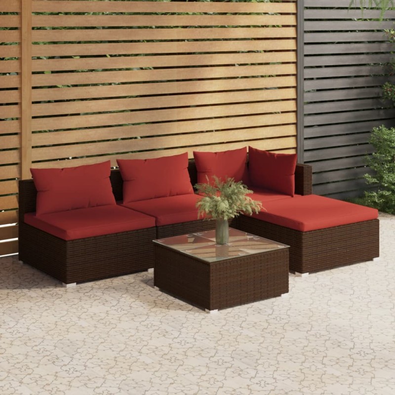 vidaXL 5-tlg. Garten-Lounge-Set mit Kissen Poly Rattan Braun vidaXL 5-tlg. Garten-Lounge-Set mit Kissen Poly Rattan Braun