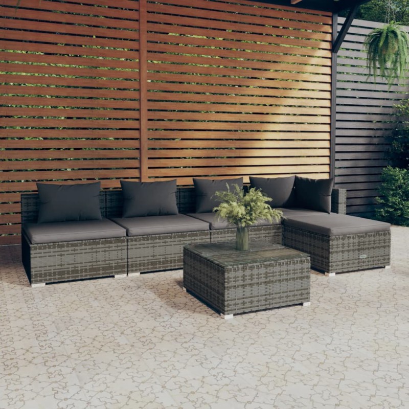 vidaXL 6-tlg. Garten-Lounge-Set mit Kissen Poly Rattan Grau vidaXL 6-tlg. Garten-Lounge-Set mit Kissen Poly Rattan Grau