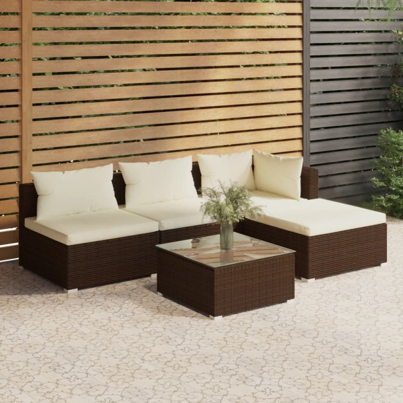 vidaXL 5-tlg. Garten-Lounge-Set mit Kissen Poly Rattan Braun vidaXL 5-tlg. Garten-Lounge-Set mit Kissen Poly Rattan Braun
