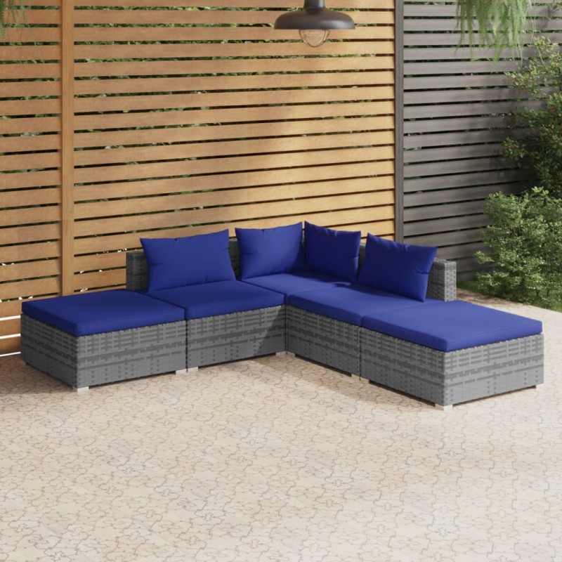 vidaXL 5-tlg. Garten-Lounge-Set mit Kissen Poly Rattan Grau vidaXL 5-tlg. Garten-Lounge-Set mit Kissen Poly Rattan Grau