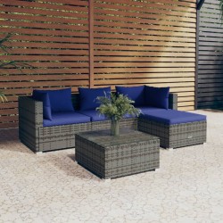 vidaXL 5-tlg. Garten-Lounge-Set mit Kissen Poly Rattan Grau