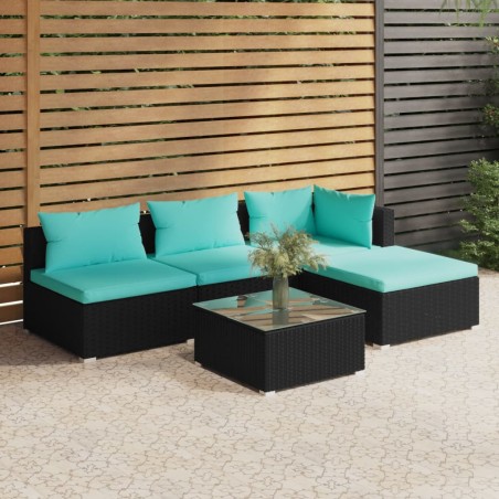 vidaXL 5-tlg. Garten-Lounge-Set mit Kissen Poly Rattan Schwarz