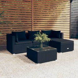 vidaXL 5-tlg. Garten-Lounge-Set mit Kissen Poly Rattan Schwarz