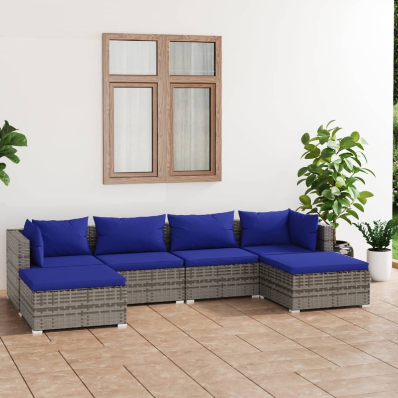 vidaXL 6-tlg. Garten-Lounge-Set mit Kissen Poly Rattan Grau vidaXL 6-tlg. Garten-Lounge-Set mit Kissen Poly Rattan Grau