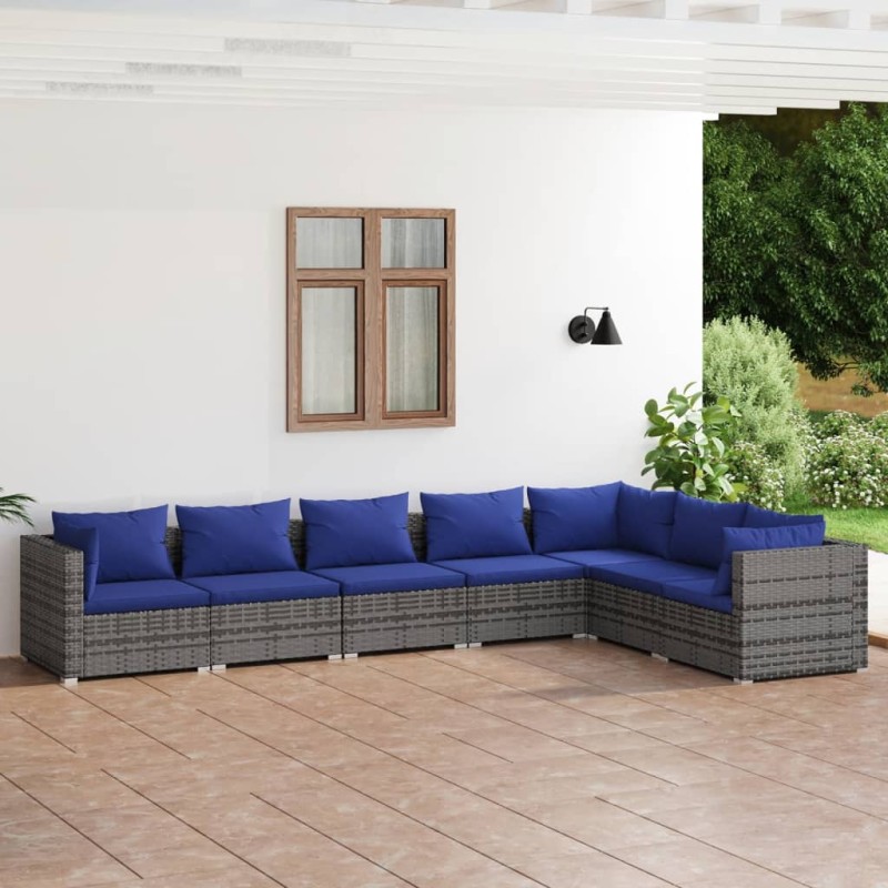 vidaXL 7-tlg. Garten-Lounge-Set mit Kissen Poly Rattan Grau vidaXL 7-tlg. Garten-Lounge-Set mit Kissen Poly Rattan Grau