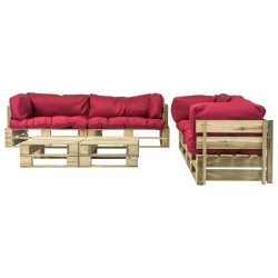 6-tlg. Outdoor-Lounge-Set Paletten mit Kissen in Rot Holz