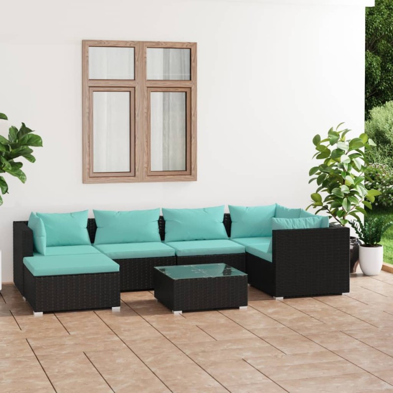 vidaXL 7-tlg. Garten-Lounge-Set mit Kissen Poly Rattan Schwarz vidaXL 7-tlg. Garten-Lounge-Set mit Kissen Poly Rattan Schwarz
