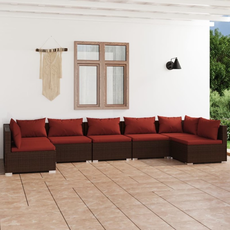 vidaXL 7-tlg. Garten-Lounge-Set mit Kissen Poly Rattan Braun vidaXL 7-tlg. Garten-Lounge-Set mit Kissen Poly Rattan Braun