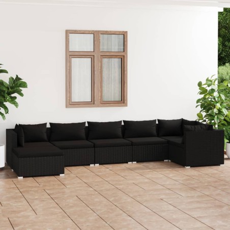 vidaXL 7-tlg. Garten-Lounge-Set mit Kissen Poly Rattan Schwarz