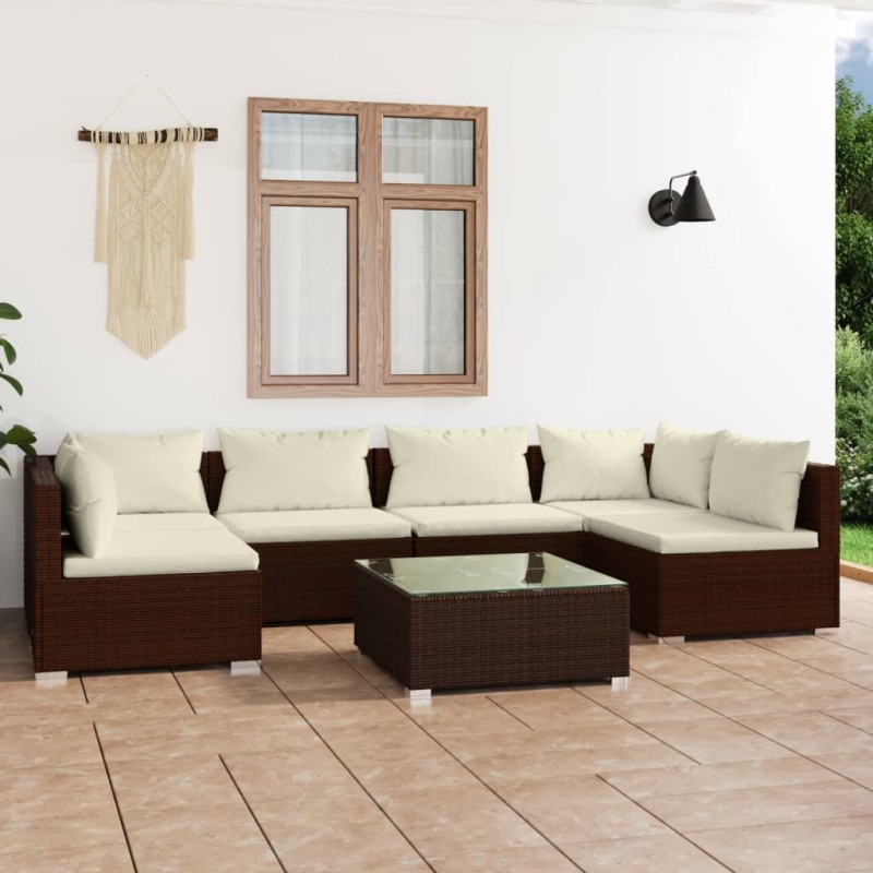 vidaXL 7-tlg. Garten-Lounge-Set mit Kissen Poly Rattan Braun vidaXL 7-tlg. Garten-Lounge-Set mit Kissen Poly Rattan Braun