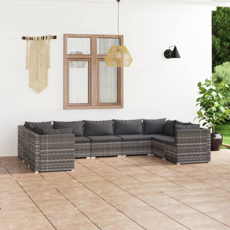 vidaXL 9-tlg. Garten-Lounge-Set mit Kissen Poly Rattan Grau vidaXL 9-tlg. Garten-Lounge-Set mit Kissen Poly Rattan Grau