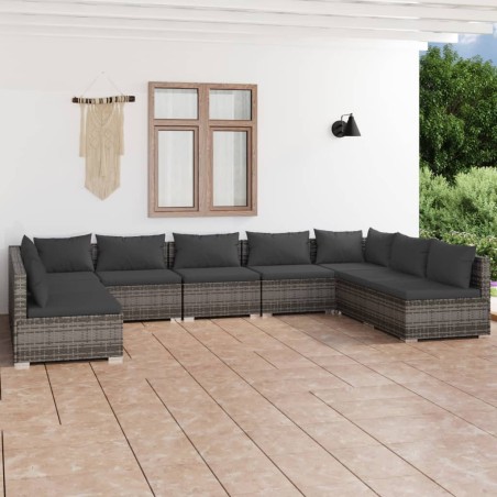 vidaXL 9-tlg. Garten-Lounge-Set mit Kissen Poly Rattan Grau