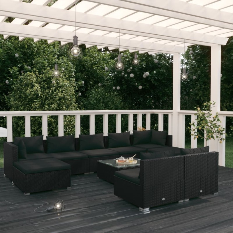 vidaXL 10-tlg. Garten-Lounge-Set mit Kissen Schwarz Poly Rattan vidaXL 10-tlg. Garten-Lounge-Set mit Kissen Schwarz Poly Rattan