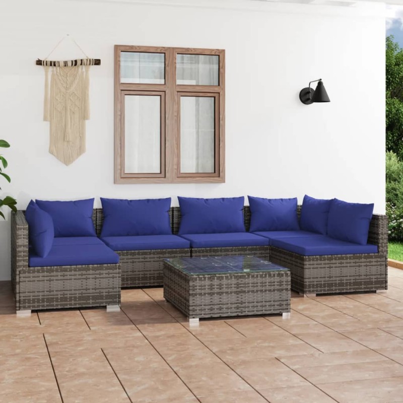 vidaXL 7-tlg. Garten-Lounge-Set mit Kissen Poly Rattan Grau vidaXL 7-tlg. Garten-Lounge-Set mit Kissen Poly Rattan Grau