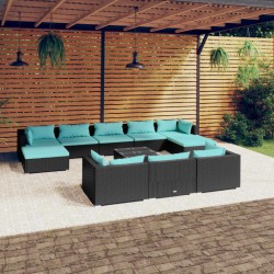 vidaXL 11-tlg. Garten-Lounge-Set mit Kissen Schwarz Poly Rattan