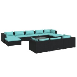 vidaXL 11-tlg. Garten-Lounge-Set mit Kissen Schwarz Poly Rattan