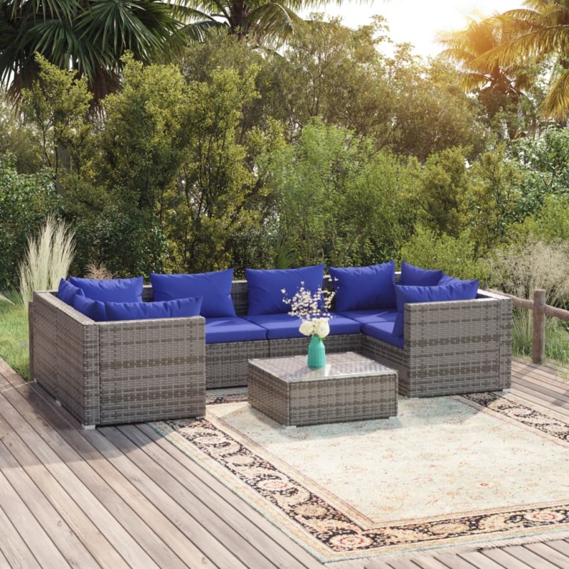 vidaXL 7-tlg. Garten-Lounge-Set mit Kissen Poly Rattan Grau vidaXL 7-tlg. Garten-Lounge-Set mit Kissen Poly Rattan Grau