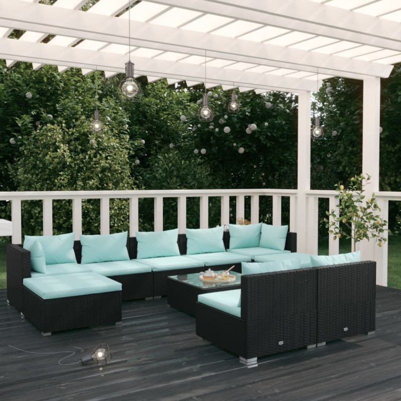 vidaXL 10-tlg. Garten-Lounge-Set mit Kissen Schwarz Poly Rattan vidaXL 10-tlg. Garten-Lounge-Set mit Kissen Schwarz Poly Rattan