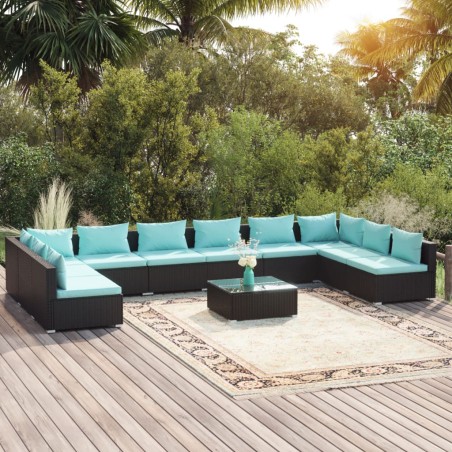 vidaXL 11-tlg. Garten-Lounge-Set mit Kissen Poly Rattan Schwarz