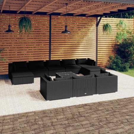 vidaXL 11-tlg. Garten-Lounge-Set mit Kissen Schwarz Poly Rattan