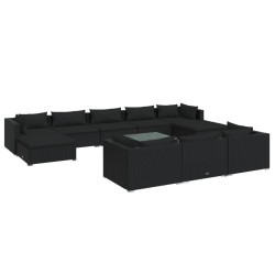 vidaXL 11-tlg. Garten-Lounge-Set mit Kissen Schwarz Poly Rattan